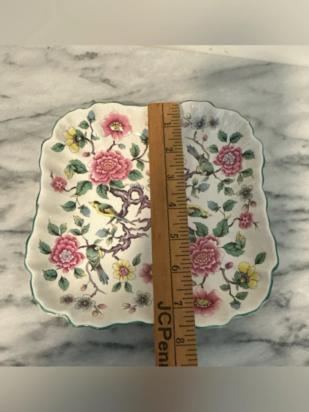 Vintage old Foley chinese rose Floral Bird Ceramic Plate - Pink & Green